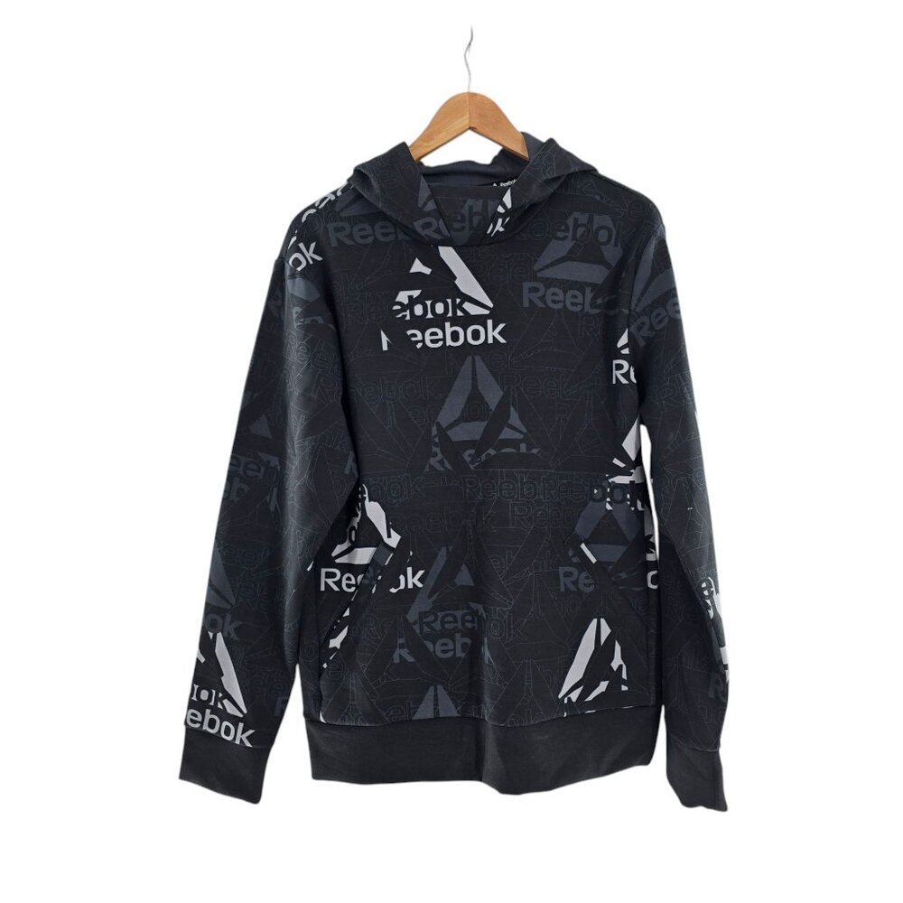Reebok Hoodie Mens Small Black Gray All-Over Print Blend Pullover Sweatshirt